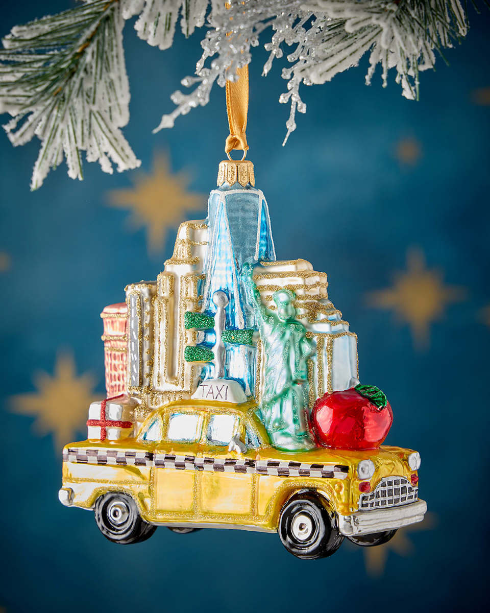 Taxi with NYC Buildings Christmas Ornament